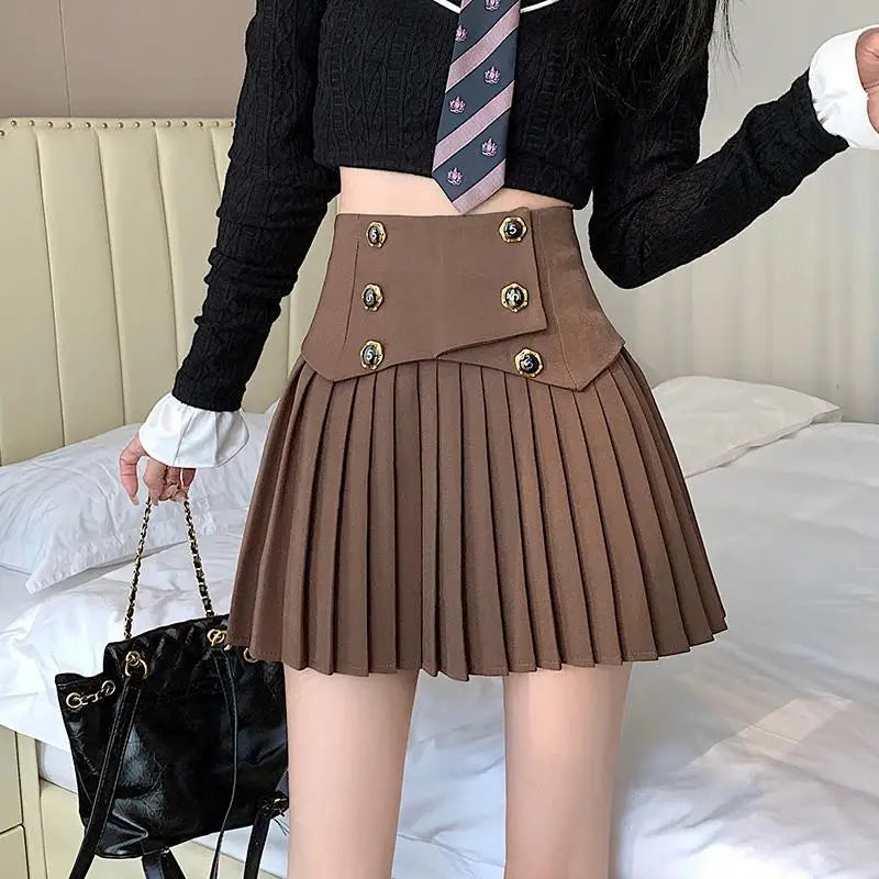 Pleated Skirt New Spring Autumn All-match Buttons Solid Color High Waist A-line Skirt Femme Preppy Style Pleated Trend Skirts - reetell