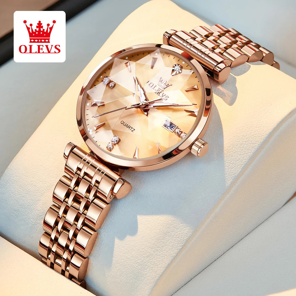 OLEVS 5536 Luxury Brand Diamond Quartz Women's Watch Fashion Elegant Rose Gold Waterproof Women's Watch Bracelet Set Reloj Mujer