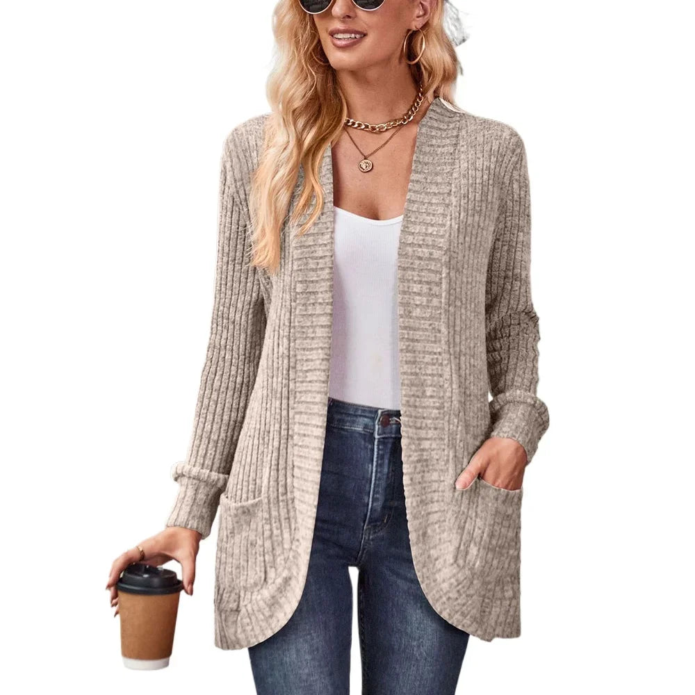 Women'S Spring And Autumn Solid Color Sweater Cardigan Fashion Pocket Cardigan Top Jacket Comfortable Soft Sweater Tienda Traf - reetell