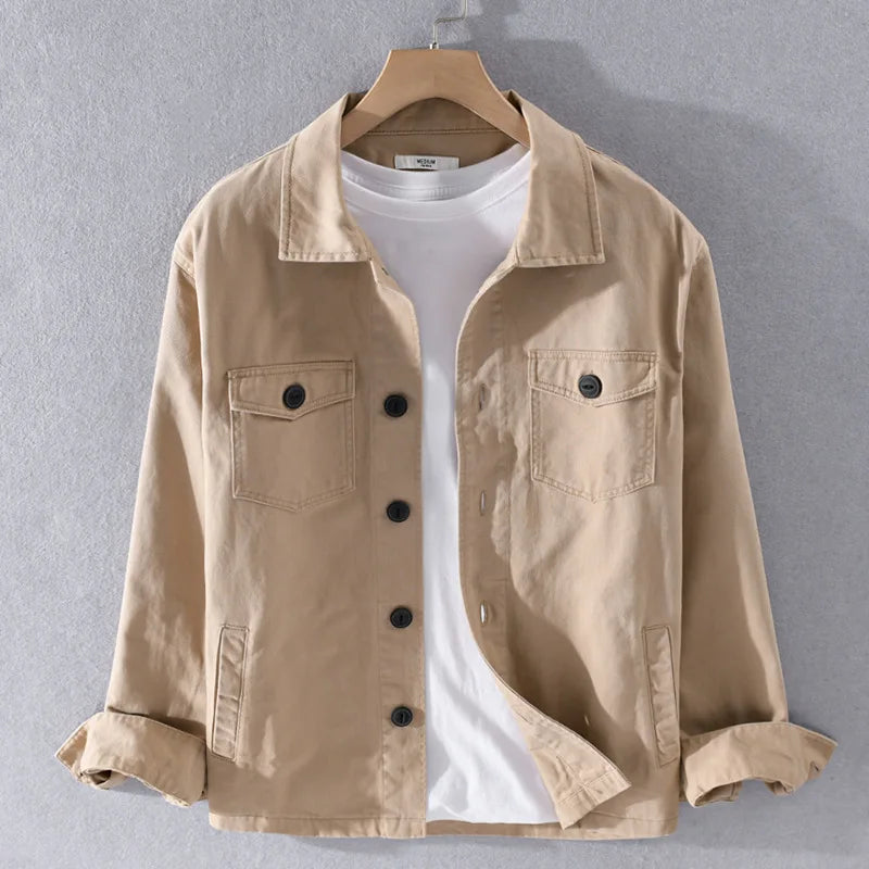 100% Cotton Tooling Japanese Jacket, New Coat Men's Long Sleeve Khaki Shirt, Casual Cotton Comfortable Thick Shirt camping - reetell