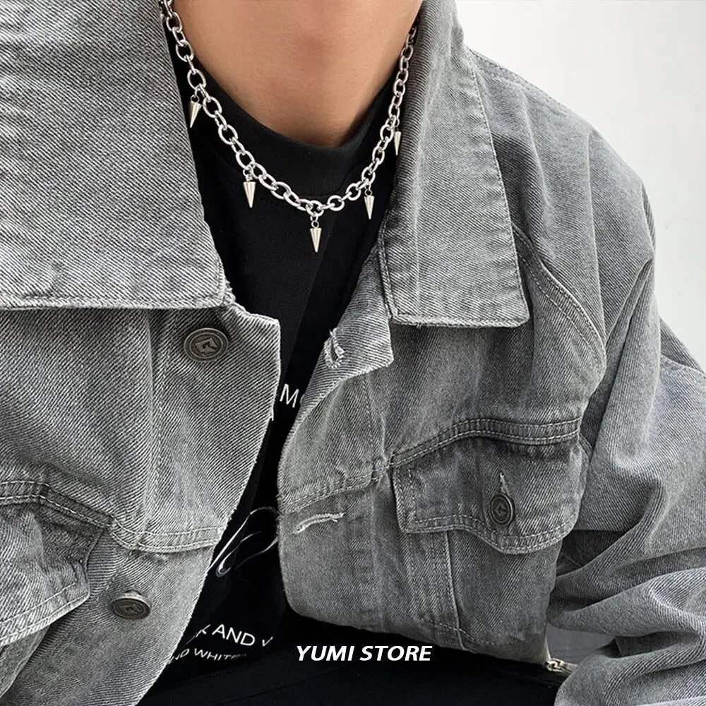 Hip Hop Rivet Necklace For Man Woman Titanium Steel Cone Pendant Sweater Chain Choker Jewelry Punk Male Cool Accessories