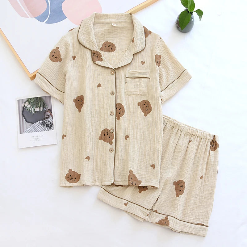 Summer Couple Pure Cotton Cute Bear Pajamas Set Crepe Gauze Sleepwear Female Short Sleeved Pijama Loungewear Crepe Ladies Pyjama