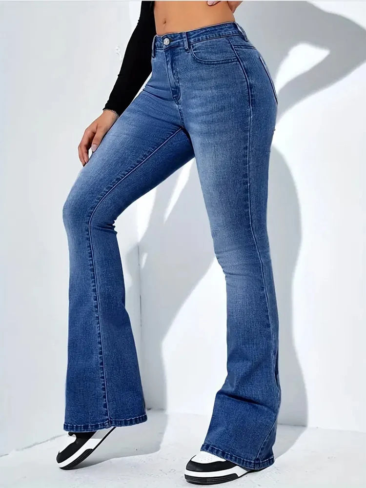 Women Flare Stretch Moustache Jeans Fashion Skinny Bell Bottom High Waist Gray Denim Pants Lady Classic Y2K Punk Long Trousers - reetell