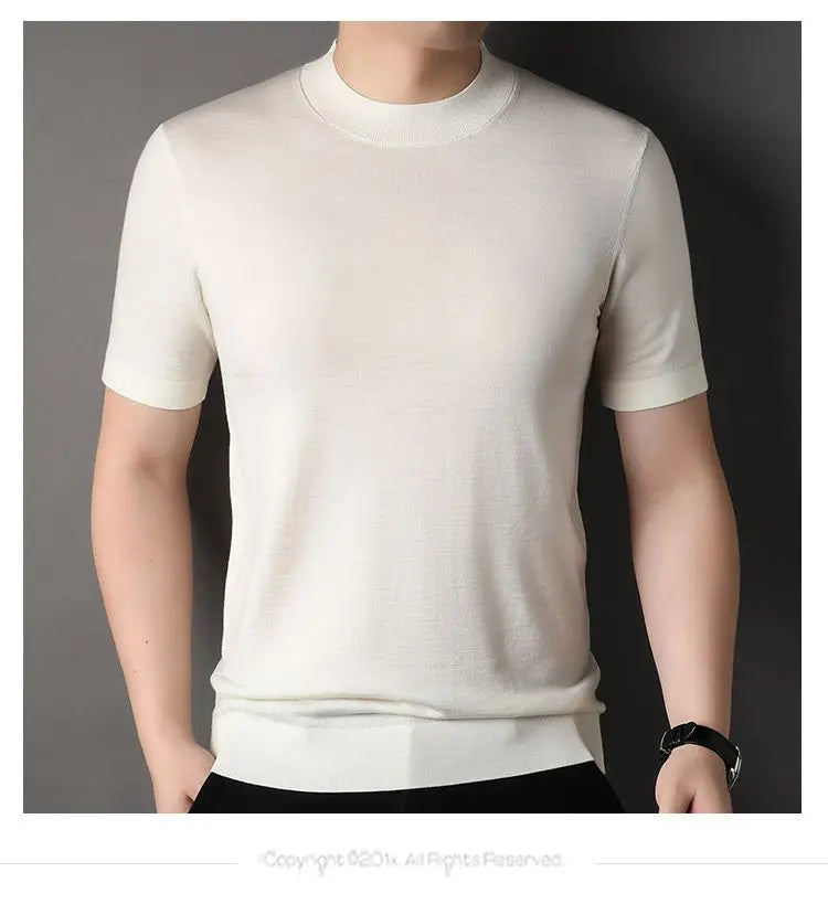 Worsted Mercerized Men Summer Short Sleeves T-shirt Versatile Fashion Male Clothing Half Turtleneck Casual Basic Knitted Tops - reetell