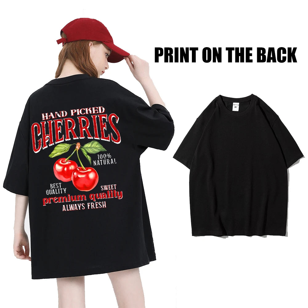 Fashion Cotton Women'S T-Shirts Hand Picked Cherries Printing Tops Oversize Crewneck Soft Short Sleeve Street Female Clothes - reetell