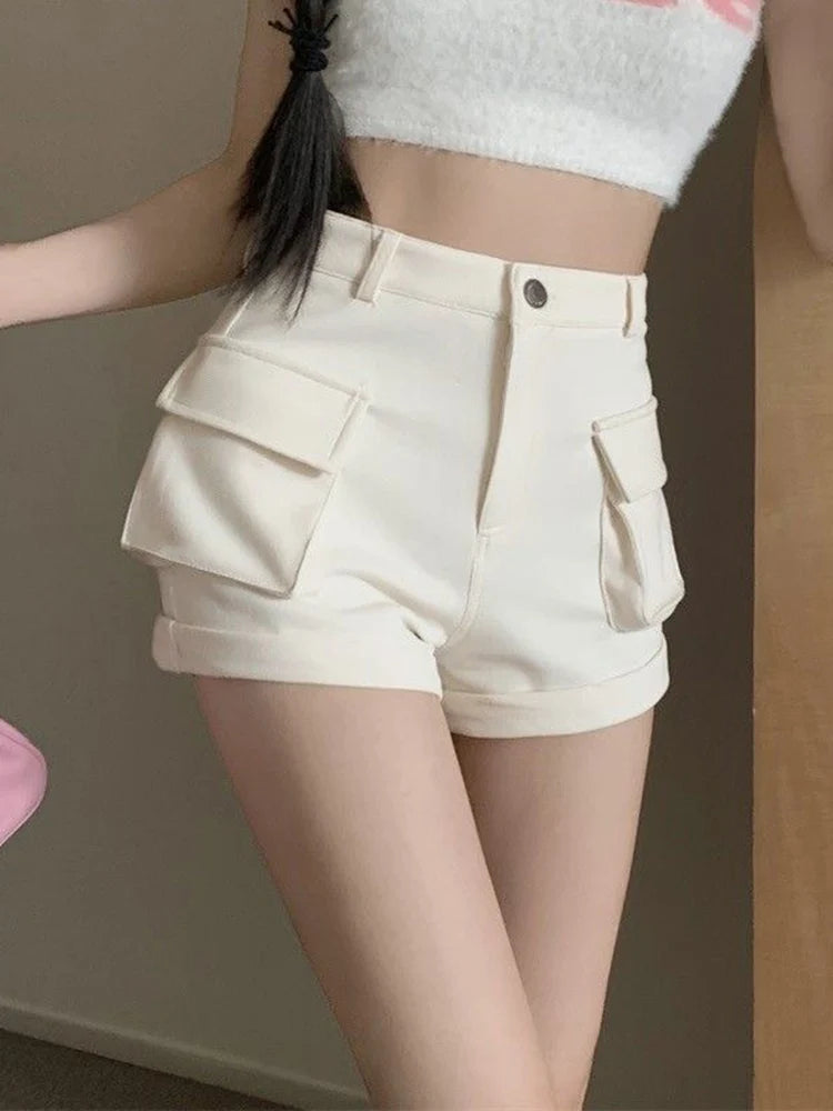 Zoki Korean Casual Cargo Shorts Women Pockets High Waist Streetwear Shorts Summer All Match Lady Simple Solid Slim Cargo Shorts - reetell