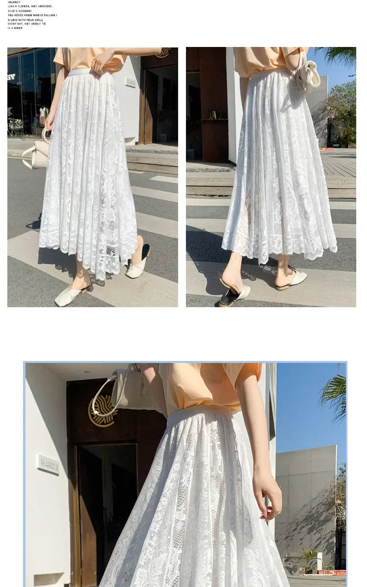 Lace High Waist Skirt Women Faldas Ropa Mujer Casual Loose Summer White Long Skirts Ladies Fashion Jupe Solid Woman Clothes Saia - reetell