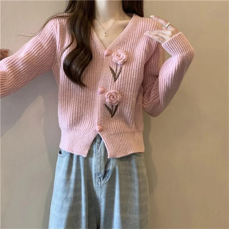 Heavy Industry Beautiful Flowers Knitted Cardigan Sweater Women Slim In Autumn And Winter With Small Cardigan V-neck Short Coat - reetell