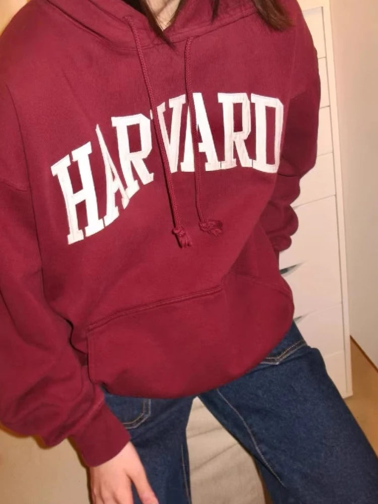 Casual Women Cotton Navy HARVARD Embroidered Hoodies 2023 Fall Vintage Long Sleeves Sweatshirts Female Loose Pullovers - reetell