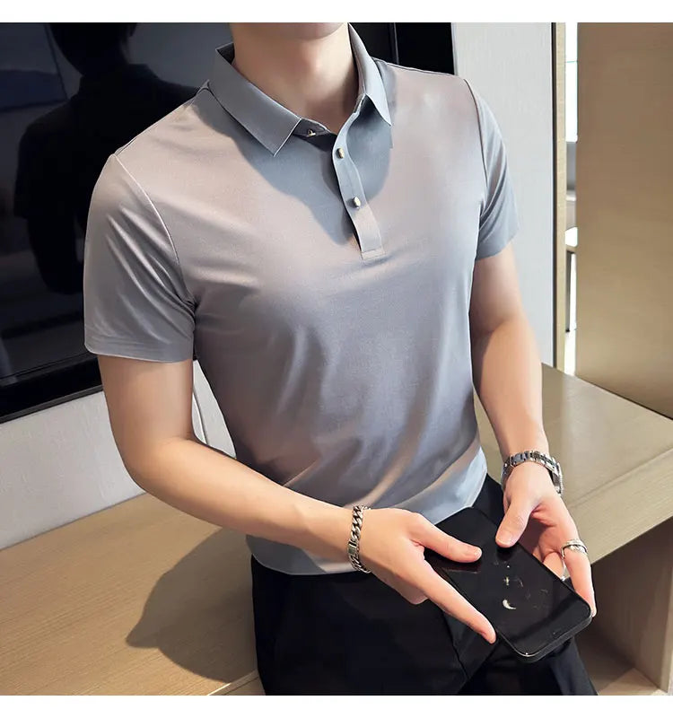 Ice Silk Traceless T-shirt Men's  Business Casual Solid Color Half Sleeve High Elasticity Top Silk Smooth Breathable POLO Shirt