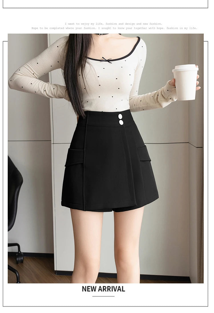 Fashion New Autumn Casual Womens Shorts Slim Black Coffee Shorts Women Spliced High Waist Short Mujer Shorts for Women B56 - reetell