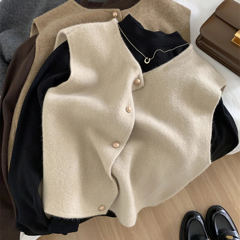 Autumn New Women Cardigan Korean Elegant Knitted Sleeveless Female Casual Sweater Tanks Fashion New Slim Ladies Casual Tops - reetell