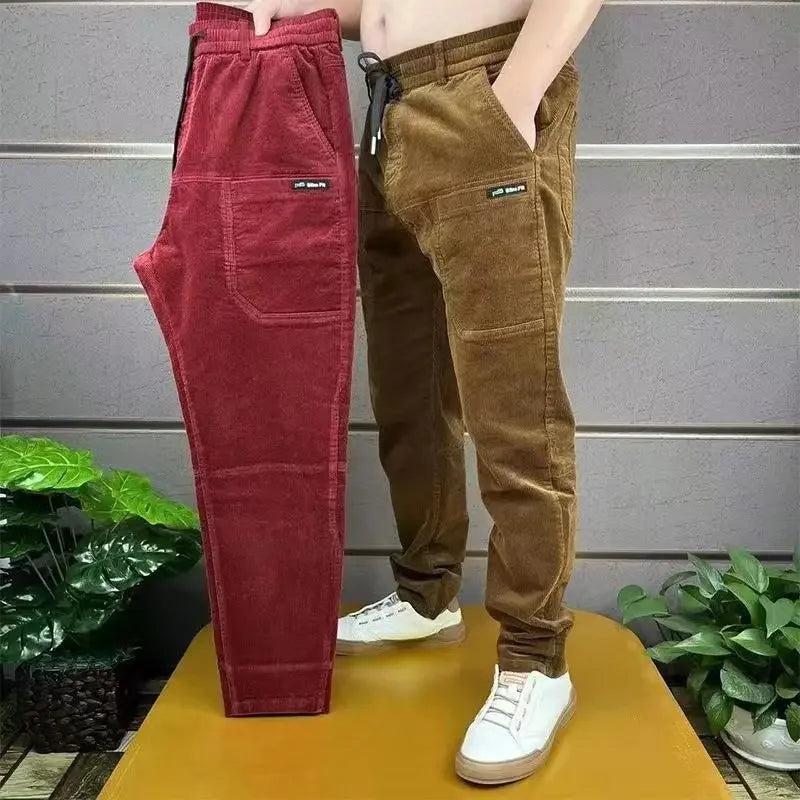 Corduroy Cargo Trousers Men's Simple Loose American Retro Casual Elastic Work Splicing Multiple Pockets Rib Leg Jogging Pants - reetell