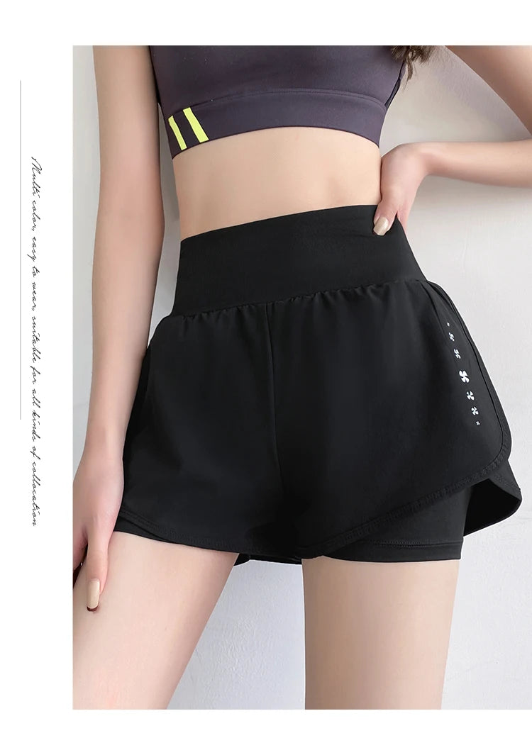 Gym Sport Shorts Women Elastic High Waist Short Pants With Pockets Fake Two Pieces Yoga Leggings Running Training Shorts - reetell