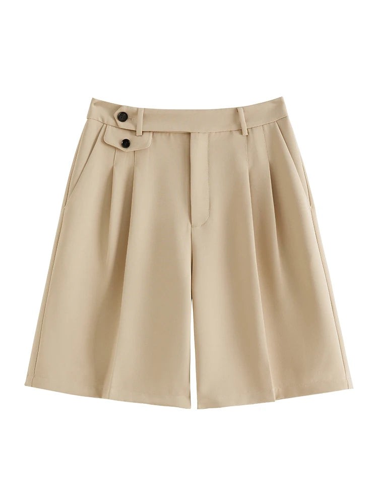 FSLE Office Lady Five-Point Suit Shorts High Waist Button Decoration Pleated Design Loose Solid Shorts Twill Commuter Bottoms - reetell