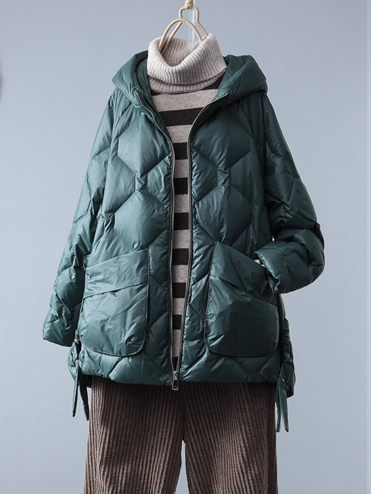 Fitaylor Winter Women White Duck Down Coat Casual Loose Solid Light Down Outwear Female Hooded Zipper Puffer Parka Jacket