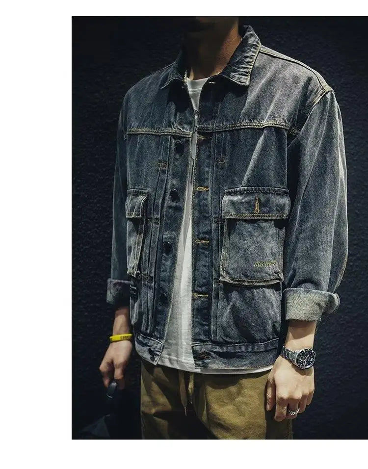 High Quality Men's Denim Jacket Pockets Decors Fashion Spring Autumn Jacket Coat Trendy Retro Style Loose Fit Denim Clothes Top