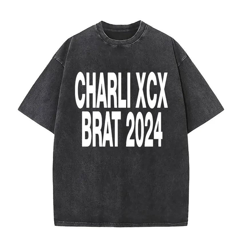 Charli Xcx Brat 2024 Tour Album Letter Print T Shirts Men Hip Hop High Quality Vintage Washed Fashion T-shirt Unisex Streetwear