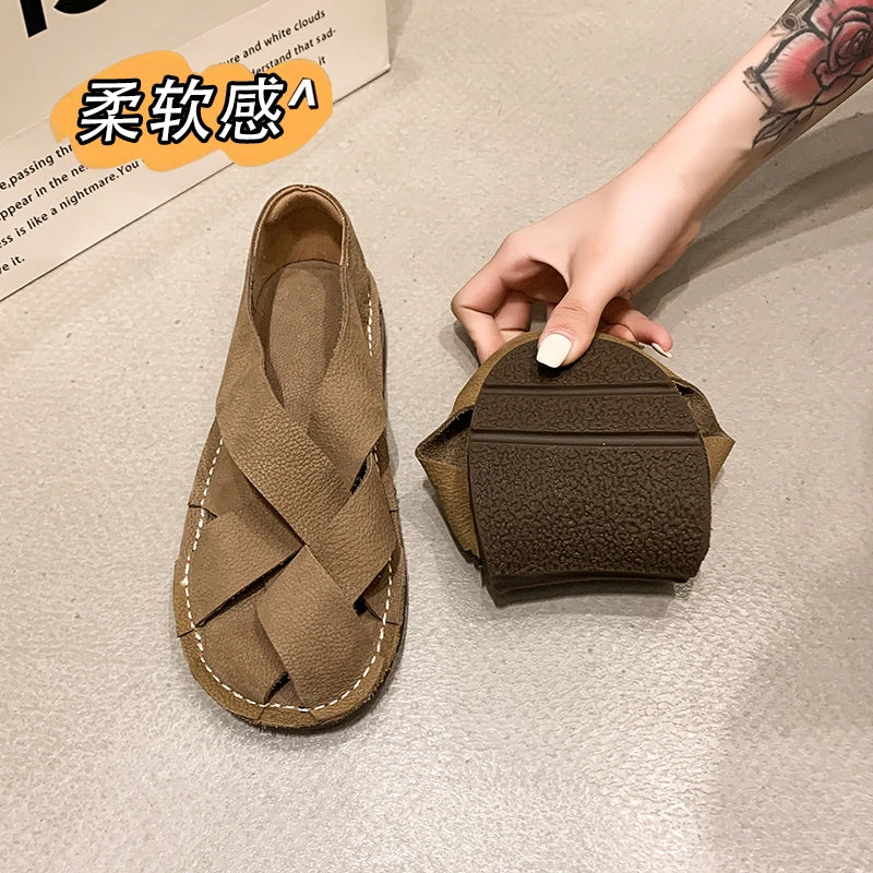 2024 leather Women's Sandals Top Layer Cowhide Handmade Woven  Women casual Flats the retro art mori girl shoes