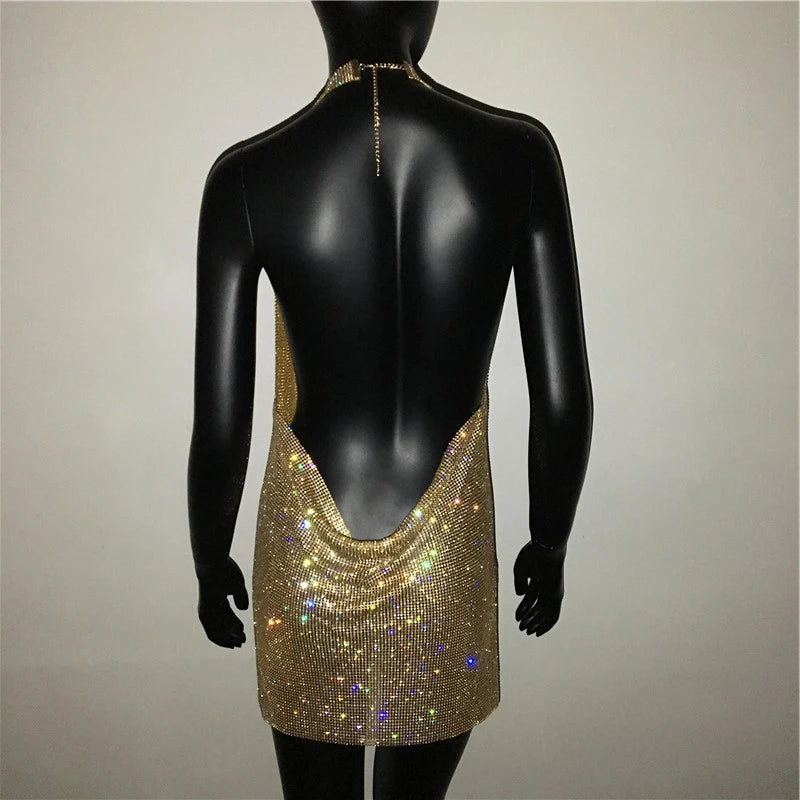 Sexy Backless V Neck Mini Dress For Women Shiny Rhinestone Halter Neck Side Split Sleeveless Dress Party Club Evening Dresses - reetell