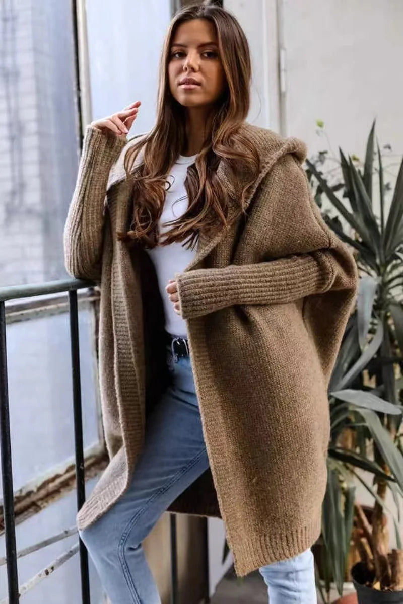 2024 Autumn Winter Cozy Chic Hooded Cardigan Women's Casual Knit Sweater Coat Elegant Batwing Sleeve Pocket Long Jacket Jumpers - reetell