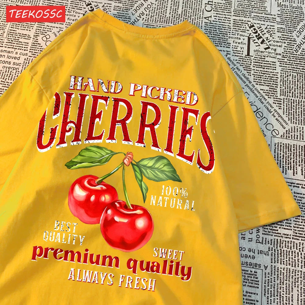 Fashion Cotton Women'S T-Shirts Hand Picked Cherries Printing Tops Oversize Crewneck Soft Short Sleeve Street Female Clothes - reetell