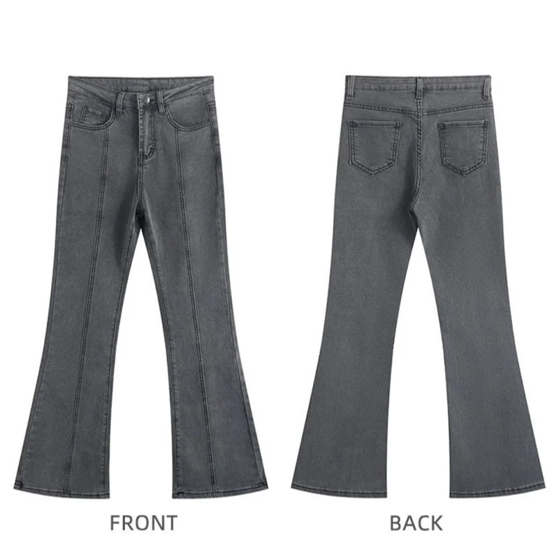 Vintage High Waist Flare Jeans High Street Women Boot Cut Denim Pant Slim Loose Korean Casual Button Up Zippers Gray Trousers - reetell