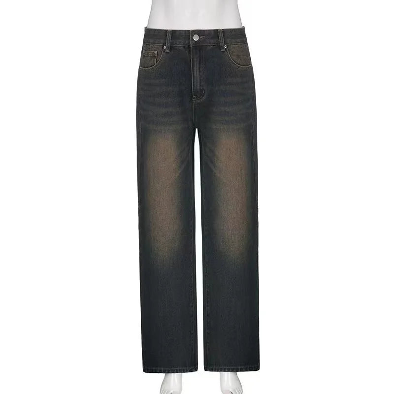 Y2K Women Korean Vintage Streetwear Baggy Jeans High Waisted Straight Wide Leg Pants Denim Trousers Fairy Grunge Alt Clothes - reetell