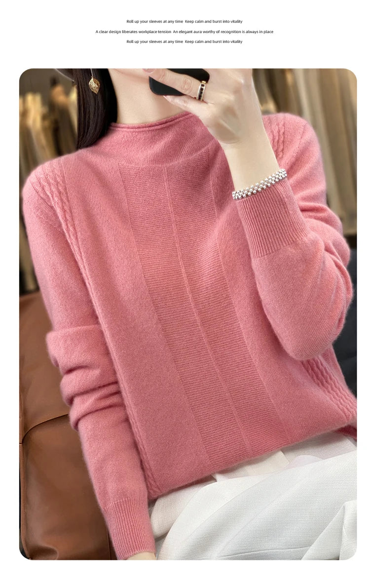 2024 Autumn Winter Women 100% Merino Wool Sweater Striped O-Neck Pullover Knitwear Casual Undershirt Cashmere Clothing Tops - reetell