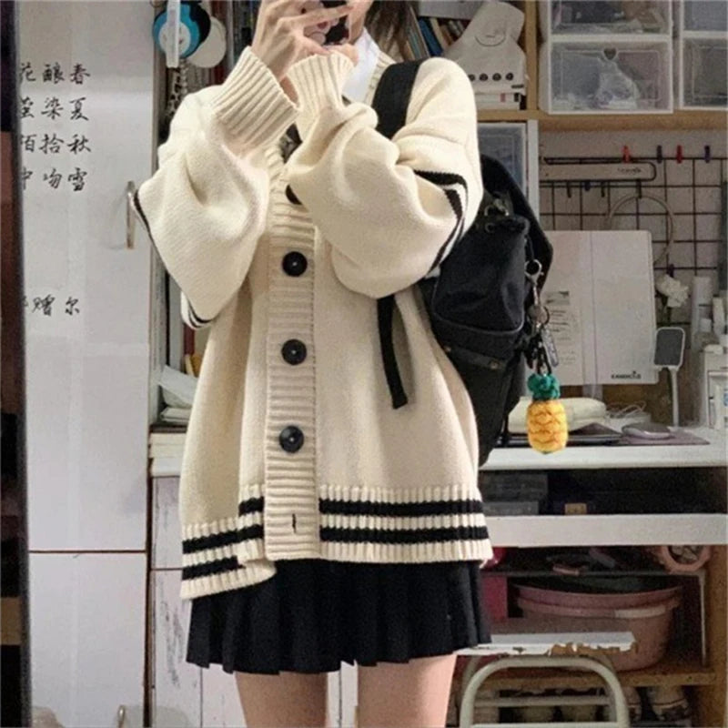 Casual Women Sweater Spring Autumn Korean Striped Long Sleeve Button Loose Cardigan Streetwear Harajuku Y2K Female Knitted Coats - reetell