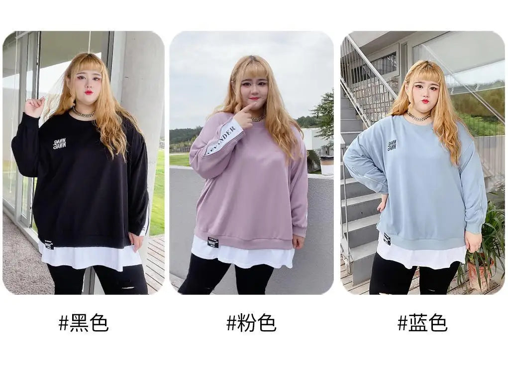 Spring Autumn New Korean Fashion Two Fake Pieces Plus Size Sweatshirt Women Letter Patchwork Casual Lady Tops Oversized Clothes - reetell