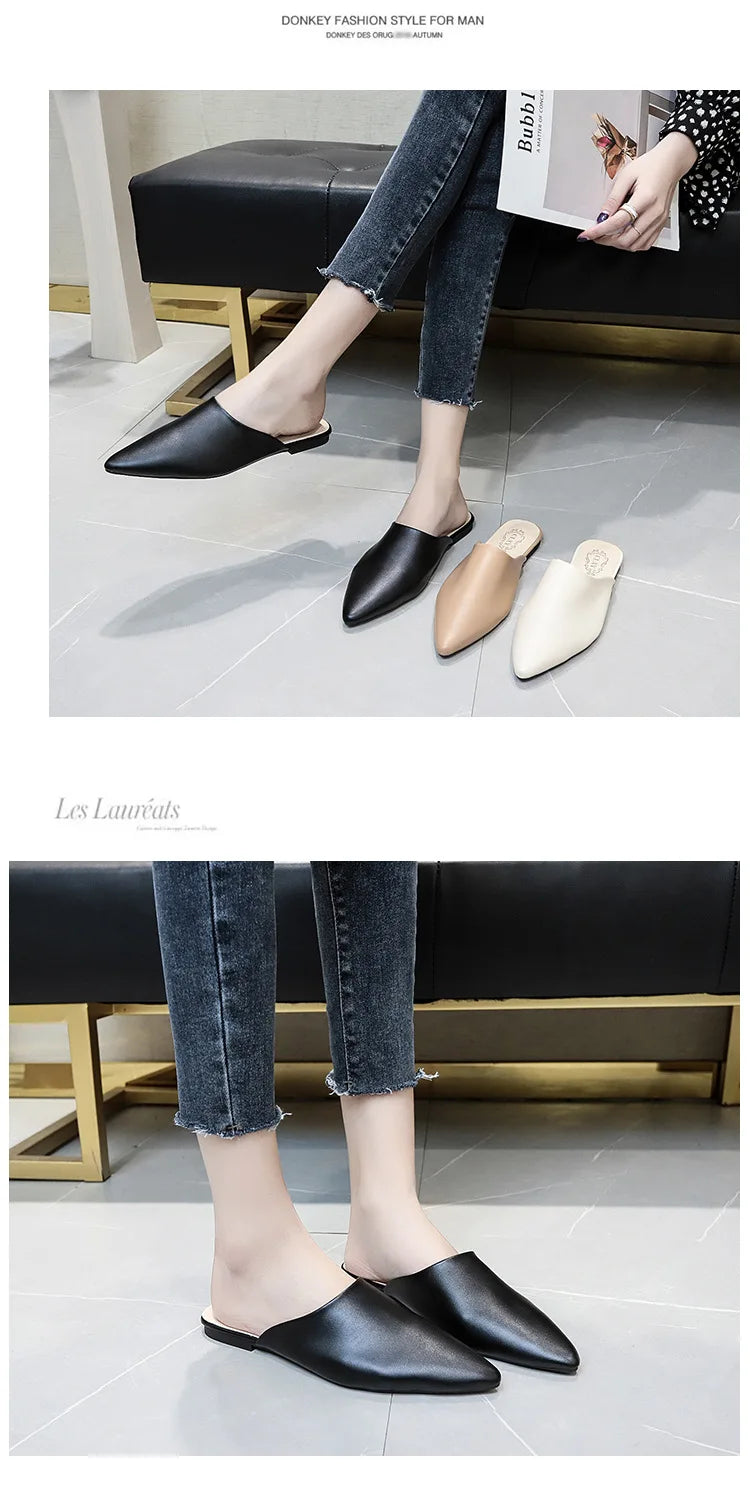 Women Spring Summer Slippers Mules Soft Leather Pointed Toe Slip On Sandalias Soild Mature Fashion Casual Low-heeled Shoes Mujer