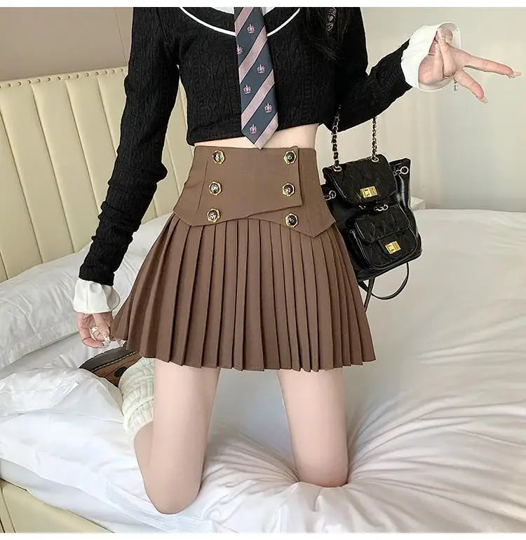 Pleated Skirt New Spring Autumn All-match Buttons Solid Color High Waist A-line Skirt Femme Preppy Style Pleated Trend Skirts - reetell