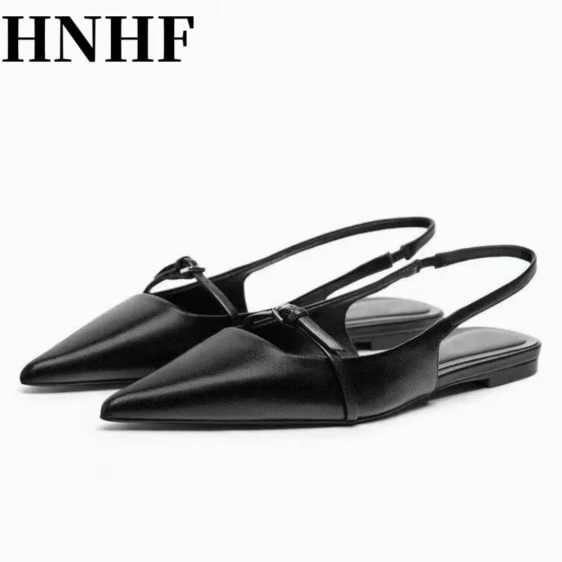 HNHF Women Slingback Flat Bottom Sandals Summer New Woman Black Leather Pointed Woman Ballet Shoes Fashion Low-Heel Female Shoes - reetell