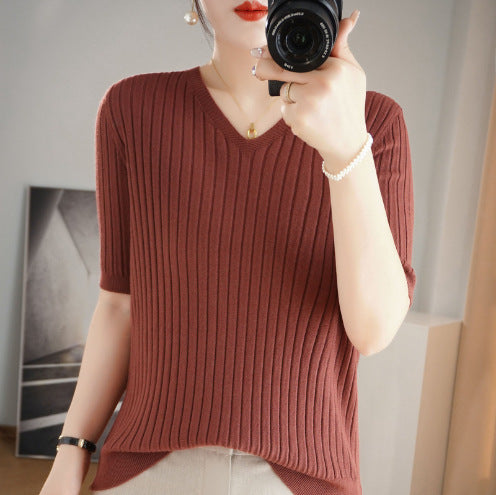 Women Sweater Short Sleeve V-neck Stripe Knitwears Slim Fit Shirt Korean Fashion Pullovers Thin Knit Tops 2024 Bottoming Shirts - reetell