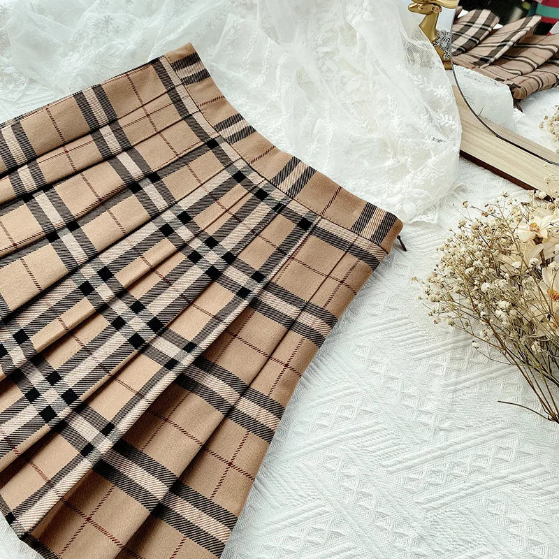 Contrast Color Plaid Striped Skirt Korean Version of Pleated Skirt Autumn High Waist A Line Plaid Mini Skirt Student Style Sweet - reetell