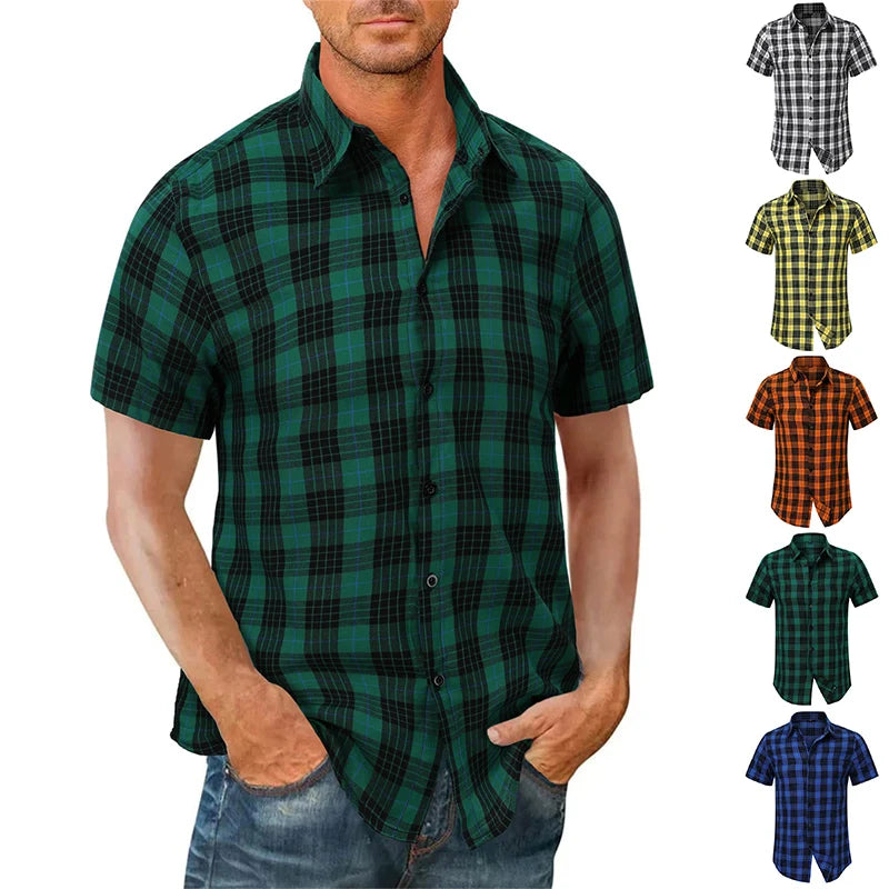 2023 New Men Casual Plaid Flannel Shirt Short Sleeved Chest With Pocket Design Fashion Printed-Button (USA SIZE S M L XL 2XL)