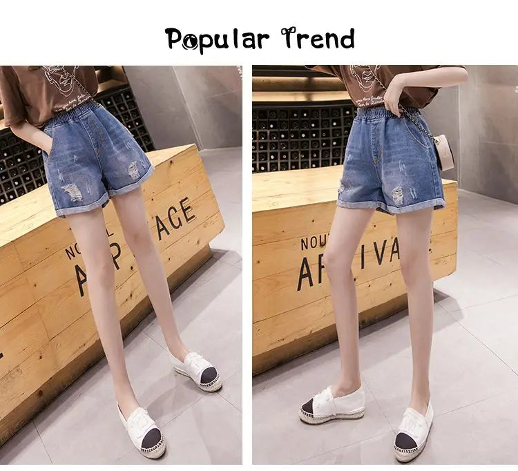 Large Size Broken Hole Cowboy Shorts Women Thin Section Wide Loose Tight High Waist Skinny A Word Wide Leg Fattening Hollowing - reetell