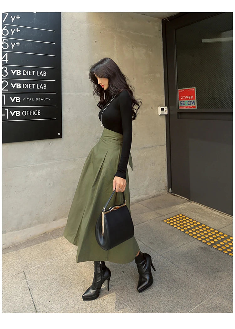 Skirts Womens Korean Fashion Solid Color Big Swing Ladies Skirt Long Skirt 2022 Autumn Wild High Waist Bow Slim Skirts - reetell