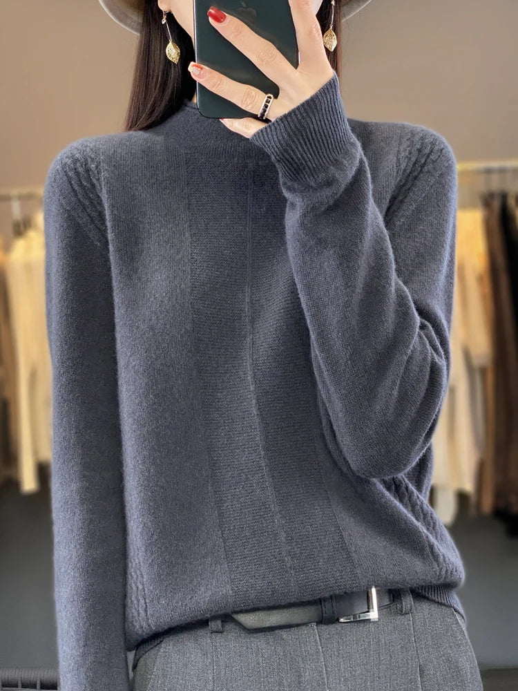 2024 Autumn Winter Women 100% Merino Wool Sweater Striped O-Neck Pullover Knitwear Casual Undershirt Cashmere Clothing Tops - reetell