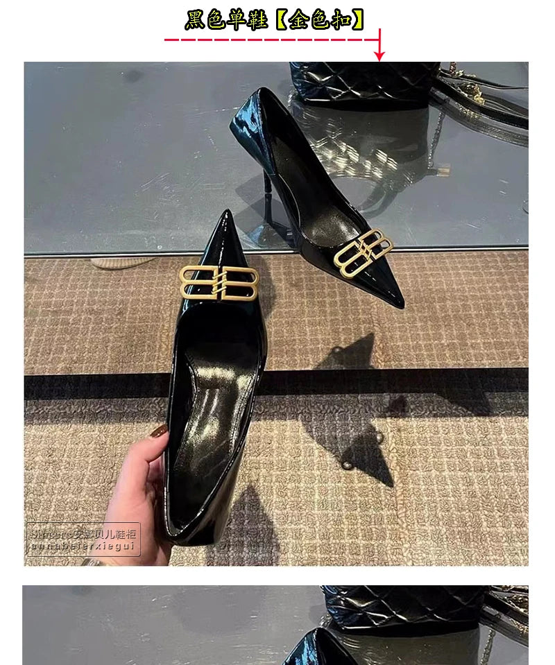 2024 New Pointed Black High Heels, Women's Thin Heels, Water Diamonds, One Line with Baotou Sandals and Button Single Shoes - reetell