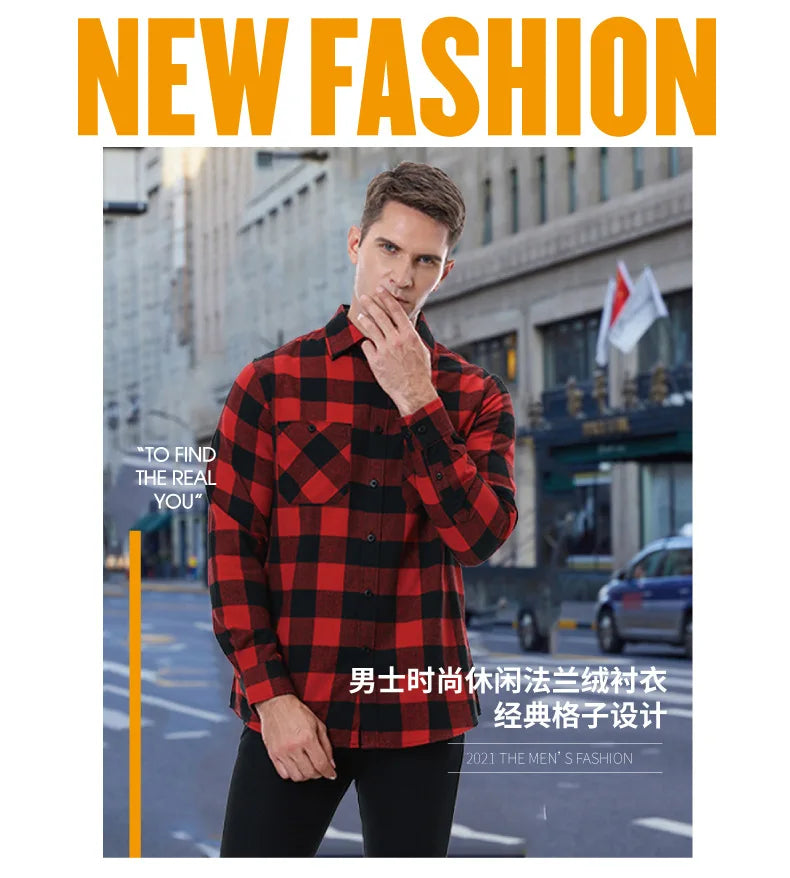 2023New Men Casual Plaid Flannel Shirt Long-Sleeved Chest Two Pocket Design Fashion Printed-Button