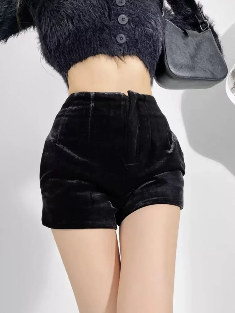 Velvet Women Hot Shorts Autumn Winter High Waist Slim Black Shorts Women Hot Girls Fashion Sweet Women Short Pants - reetell