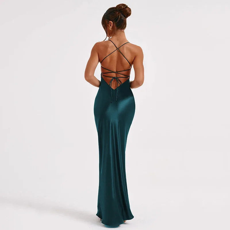 Summer Long Dress Women Evening Dresses Fashion Sexy Club Party Dresses Suspender Satin Dress Backless Strappy Waist Long Skirt - reetell