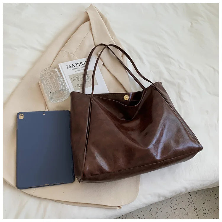 Women Tote Bag Fashion Underarm Pouch Large Capacity Soft Pu Leather Shoulder Bag Retro Crossbody Bag Casual Portable Bucket Bag