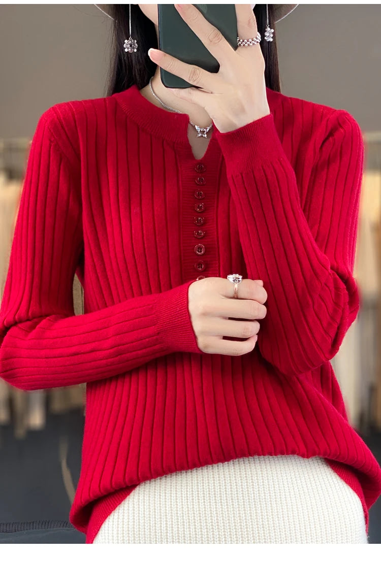 Women's Sweater Autumn/Winter New Solid Color Knitwear V-Neck Pullover Ladies Clothes Fashion Blouse Korean Style Loose Tops - reetell