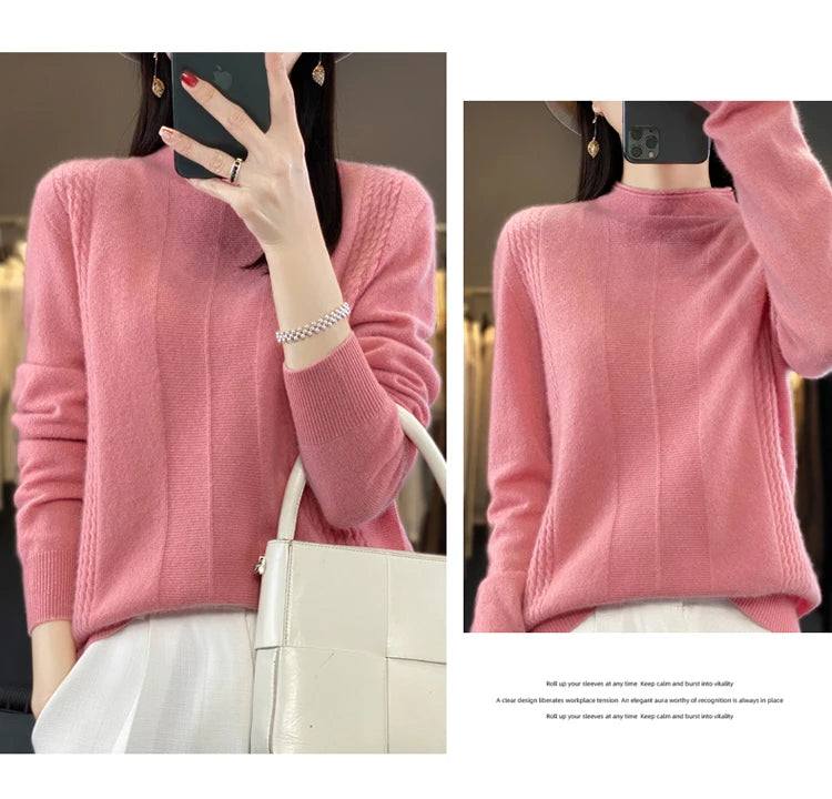 2024 Autumn Winter Women 100% Merino Wool Sweater Striped O-Neck Pullover Knitwear Casual Undershirt Cashmere Clothing Tops - reetell