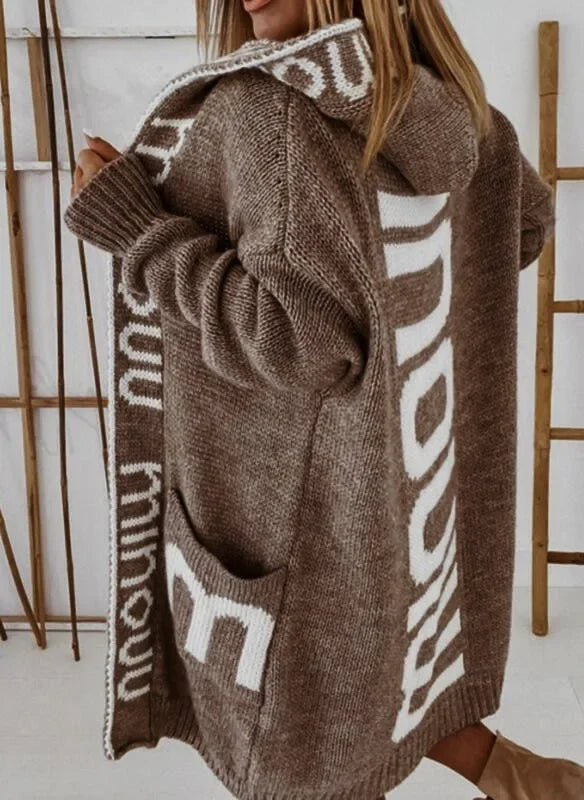 Women's Long Hooded Cardigan, Knitted Coat, Letter Pattern Knitwear, Vintage Long Knitwear, Loose, Monochromatic, Casual Sweater - reetell