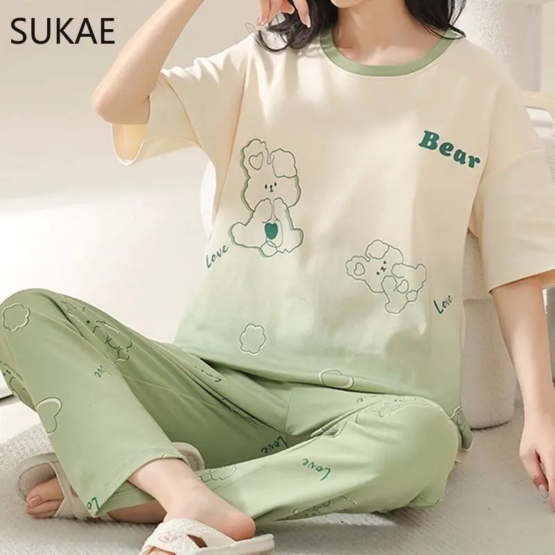 SUKAE Summer Women Pajamas Set Plus Size M-5XL Cotton Women's Pajama Short Sleeves Nightwear Sleepwear Korean Pijamas for Girl