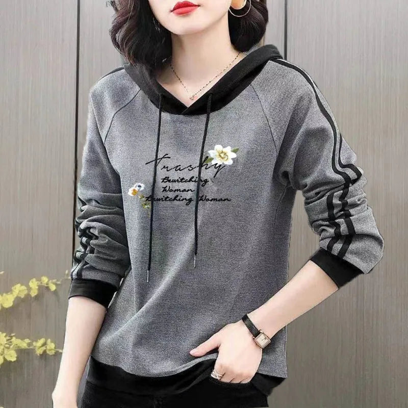 Spring and Autumn Women's Pullover Long Sleeve Hooded Print Stripe Letter Panel Drawstring Graphic Loose Fashion Casual Sweaters - reetell